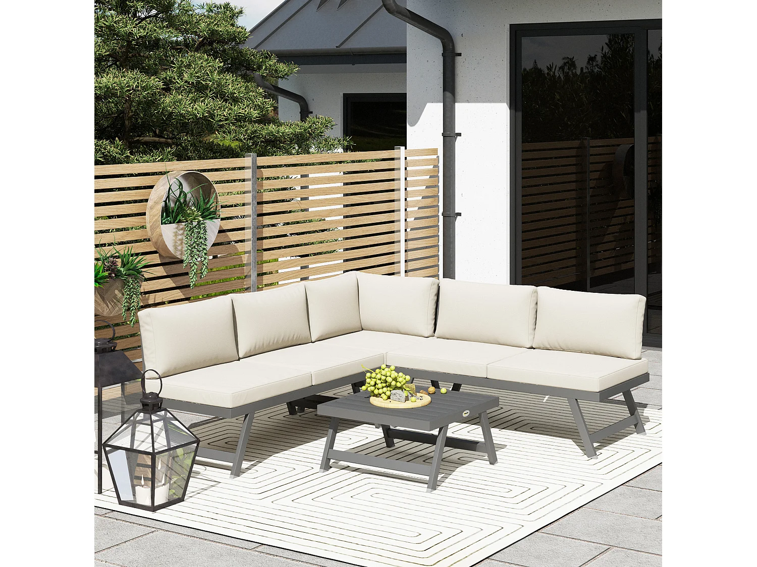 Ensemble salon de jardin modulable 5 personnes 4 pièces design alu gris coussins beige