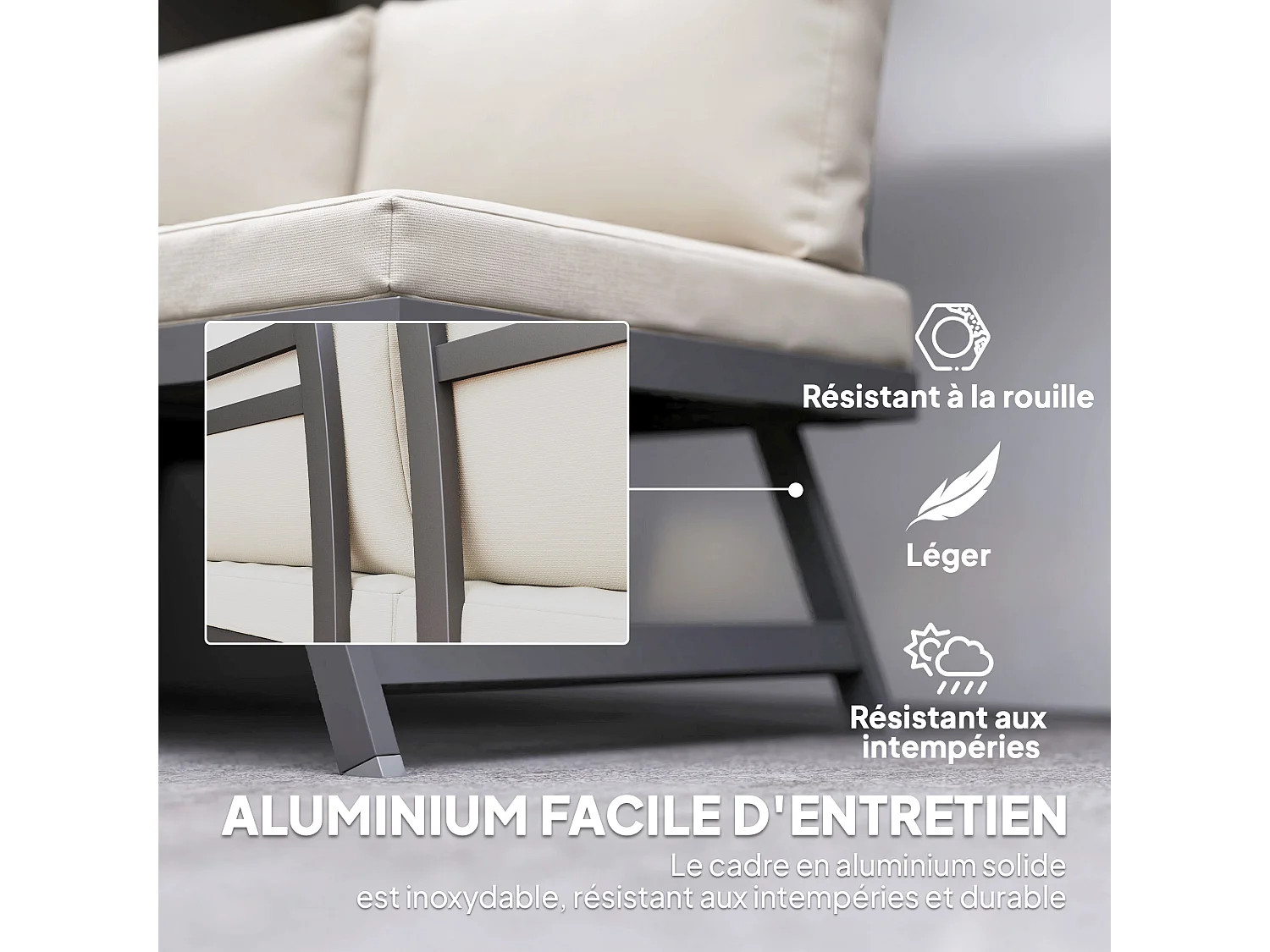 Ensemble salon de jardin modulable 5 personnes 4 pièces design alu gris coussins beige