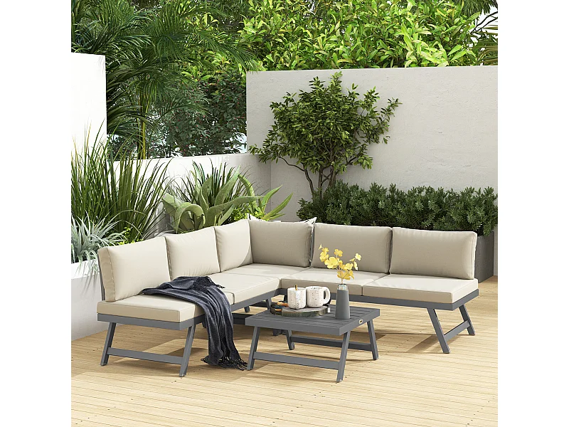 Ensemble salon de jardin modulable 5 personnes 4 pièces design alu gris coussins beige