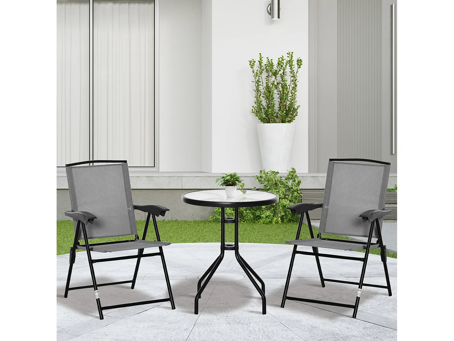 Ensemble de jardin 3 pièces 2 chaises inclinables multi-positions pliables + table ronde verre trempé métal époxy textilène gris