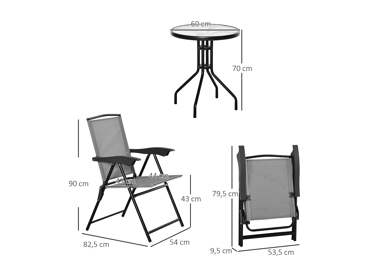 Ensemble de jardin 3 pièces 2 chaises inclinables multi-positions pliables + table ronde verre trempé métal époxy textilène gris
