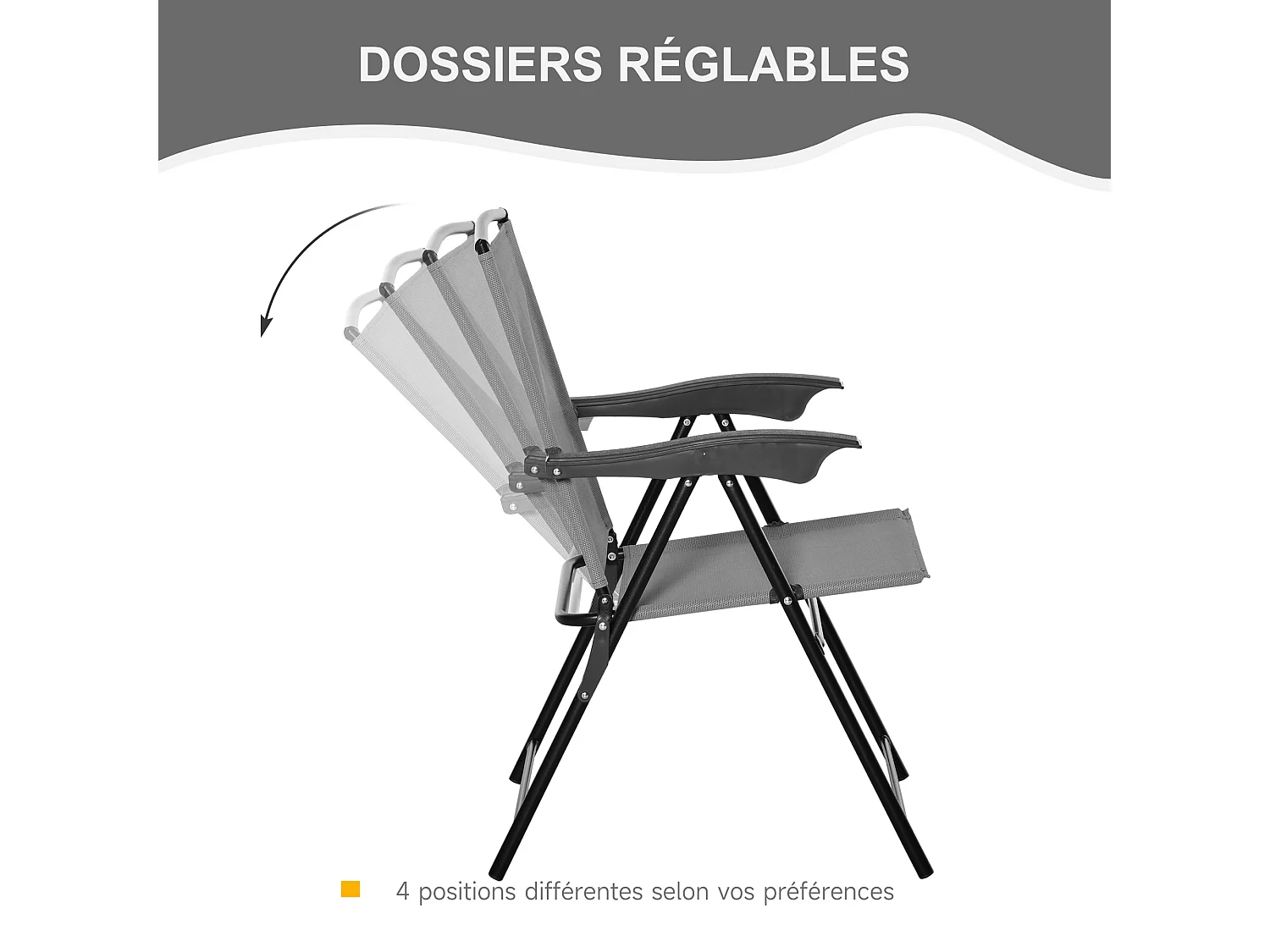 Ensemble de jardin 3 pièces 2 chaises inclinables multi-positions pliables + table ronde verre trempé métal époxy textilène gris