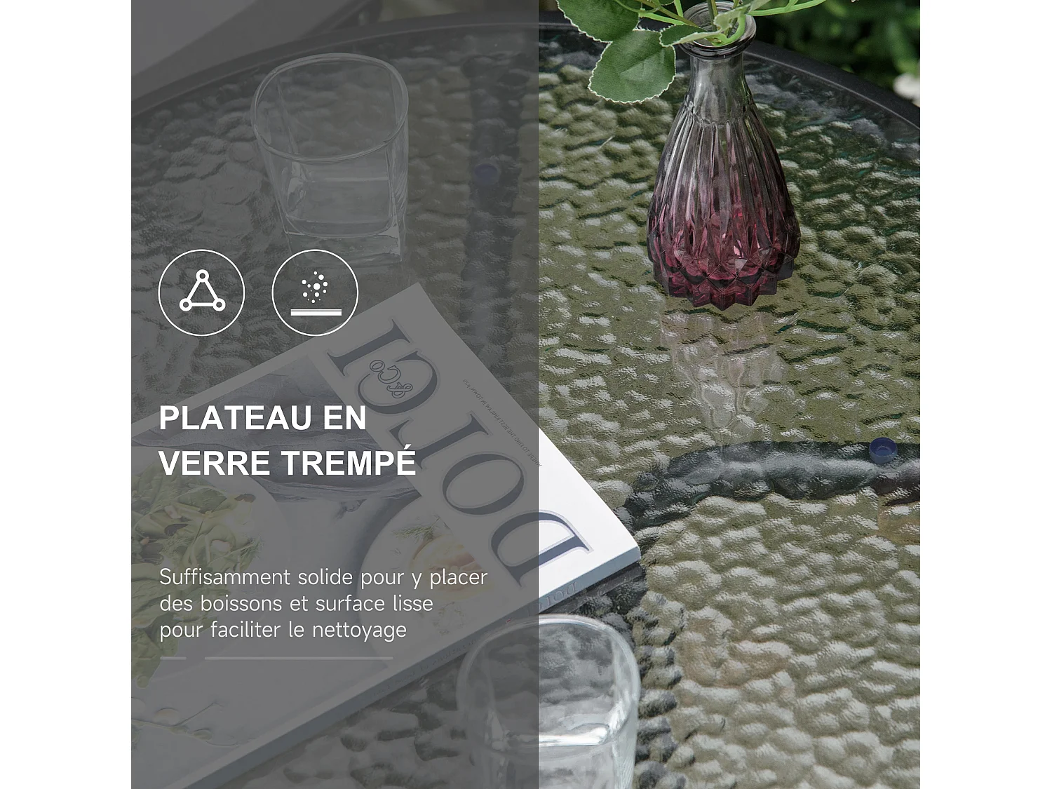 Ensemble de jardin 3 pièces 2 chaises inclinables multi-positions pliables + table ronde verre trempé métal époxy textilène gris