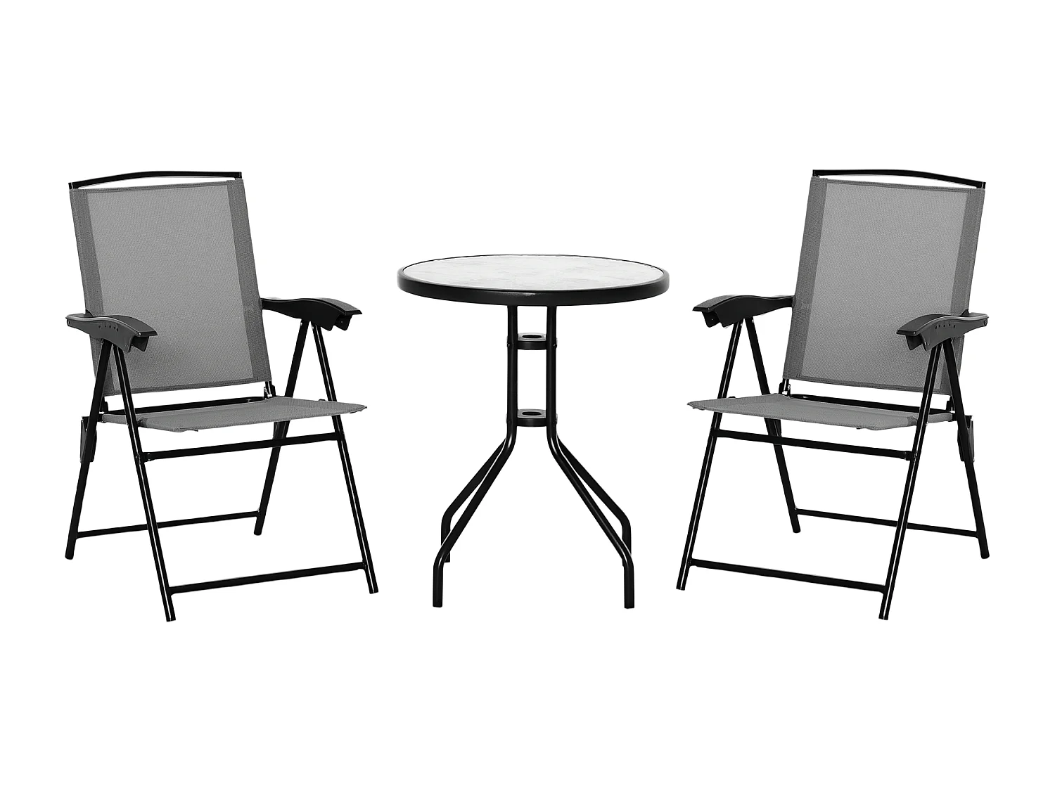 Ensemble de jardin 3 pièces 2 chaises inclinables multi-positions pliables + table ronde verre trempé métal époxy textilène gris