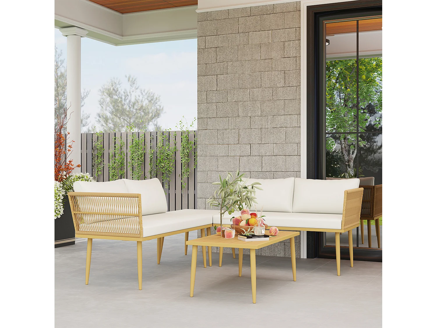 Ensemble salon de jardin 5 places modulables avec table basse et coussins résine tressée filaire beige