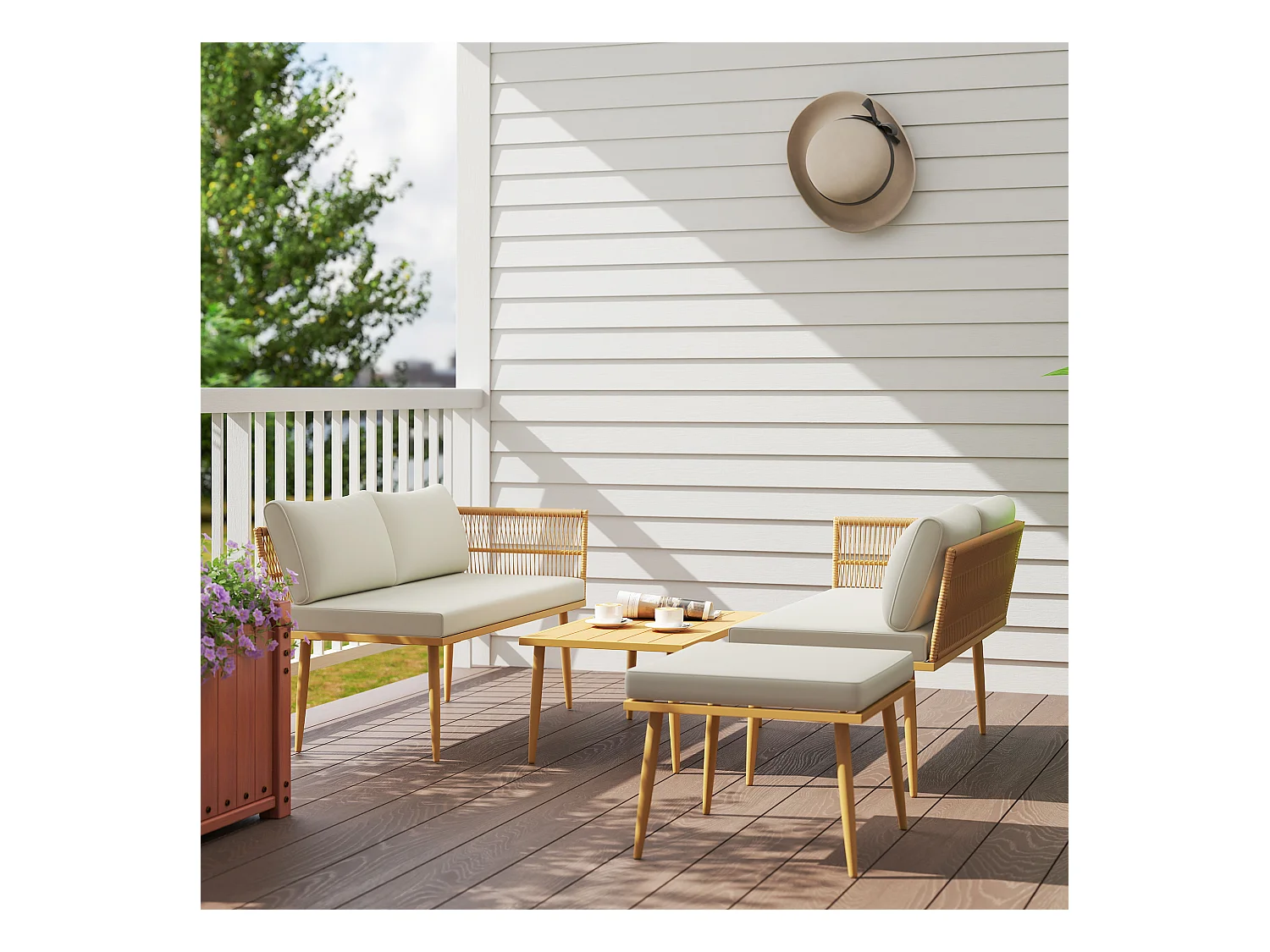 Ensemble salon de jardin 5 places modulables avec table basse et coussins résine tressée filaire beige