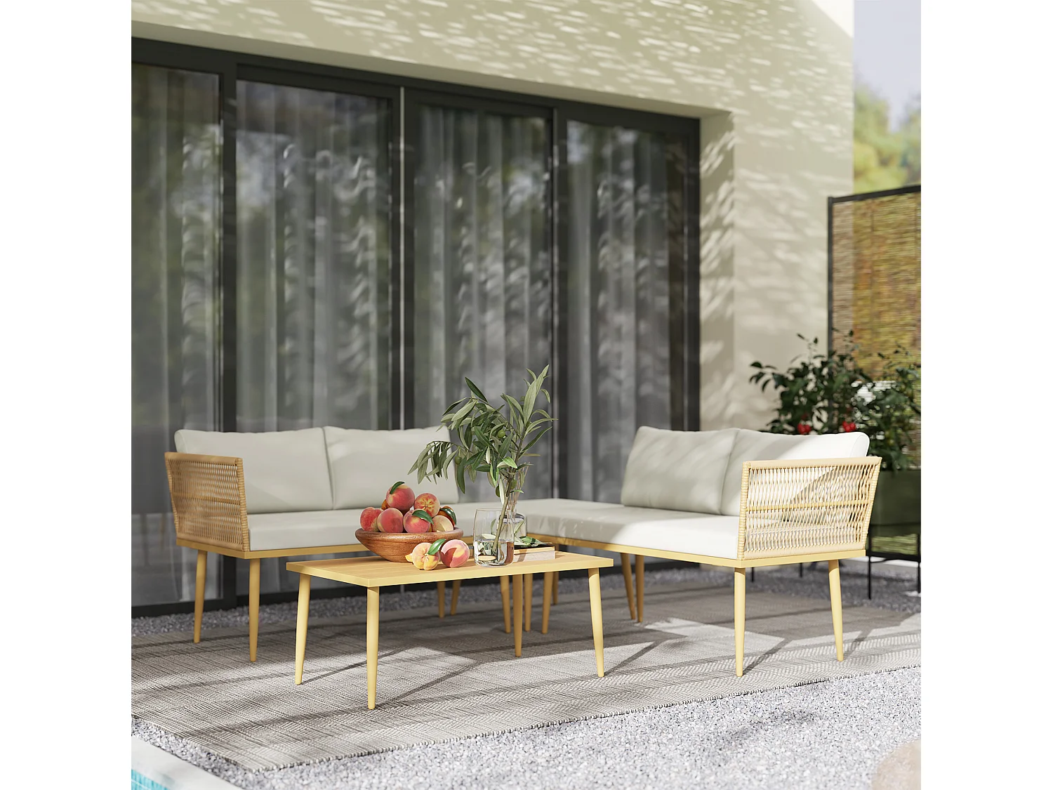 Ensemble salon de jardin 5 places modulables avec table basse et coussins résine tressée filaire beige