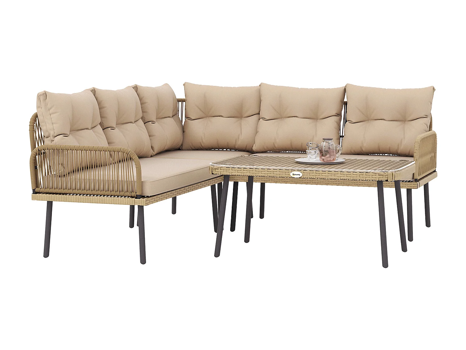 Ensemble salon de jardin d'angle 5 places avec table basse et coussins beige résine tressée effet rotin