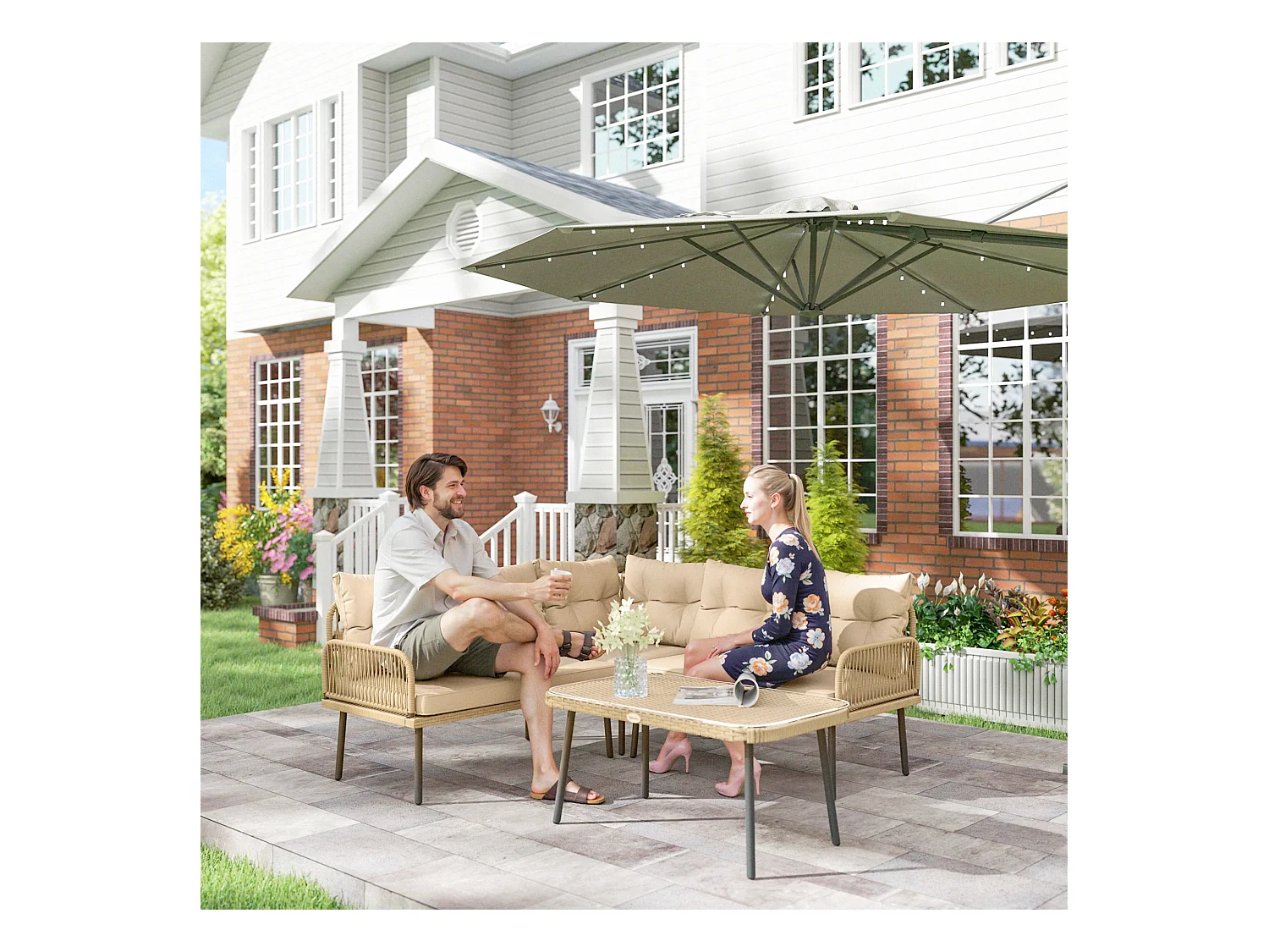 Ensemble salon de jardin d'angle 5 places avec table basse et coussins beige résine tressée effet rotin