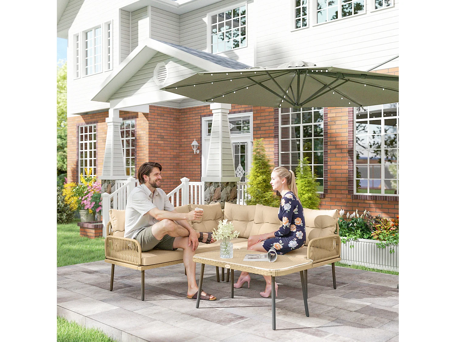 Ensemble salon de jardin d'angle 5 places avec table basse et coussins beige résine tressée effet rotin