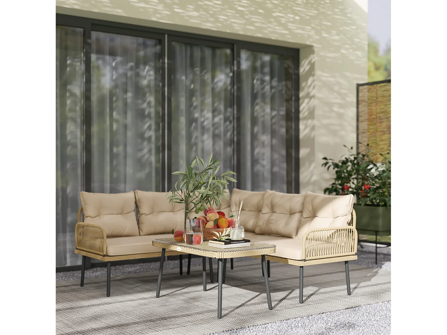 Ensemble salon de jardin d'angle 5 places avec table basse et coussins beige résine tressée effet rotin