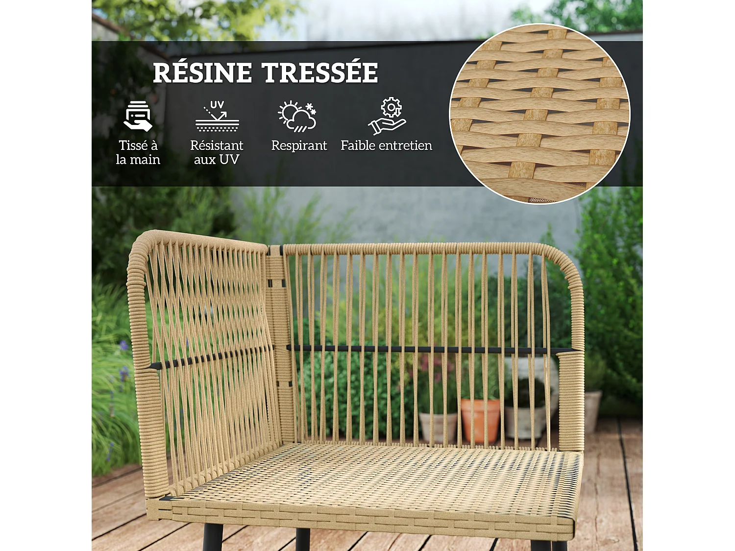 Ensemble salon de jardin d'angle 5 places avec table basse et coussins beige résine tressée effet rotin