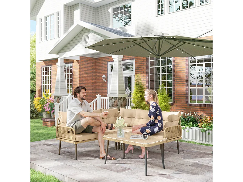 Ensemble salon de jardin d'angle 5 places avec table basse et coussins beige résine tressée effet rotin