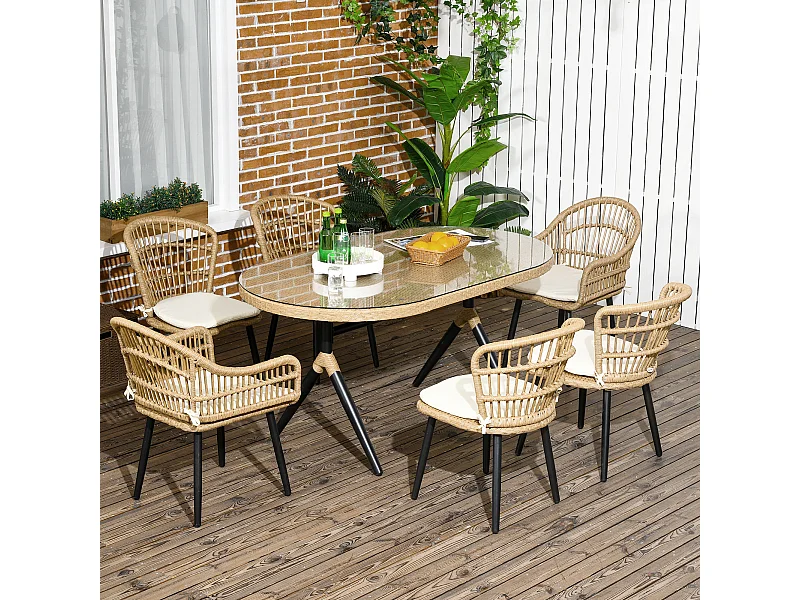 Salon de Jardin 6 places 7 pièces style bohème - 6 chaises, table à manger ovale - coussins inclus