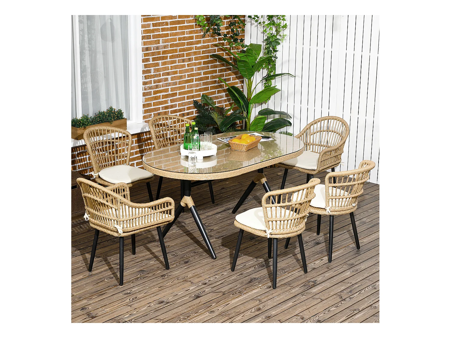 Salon de Jardin 6 places 7 pièces style bohème - 6 chaises, table à manger ovale - coussins inclus
