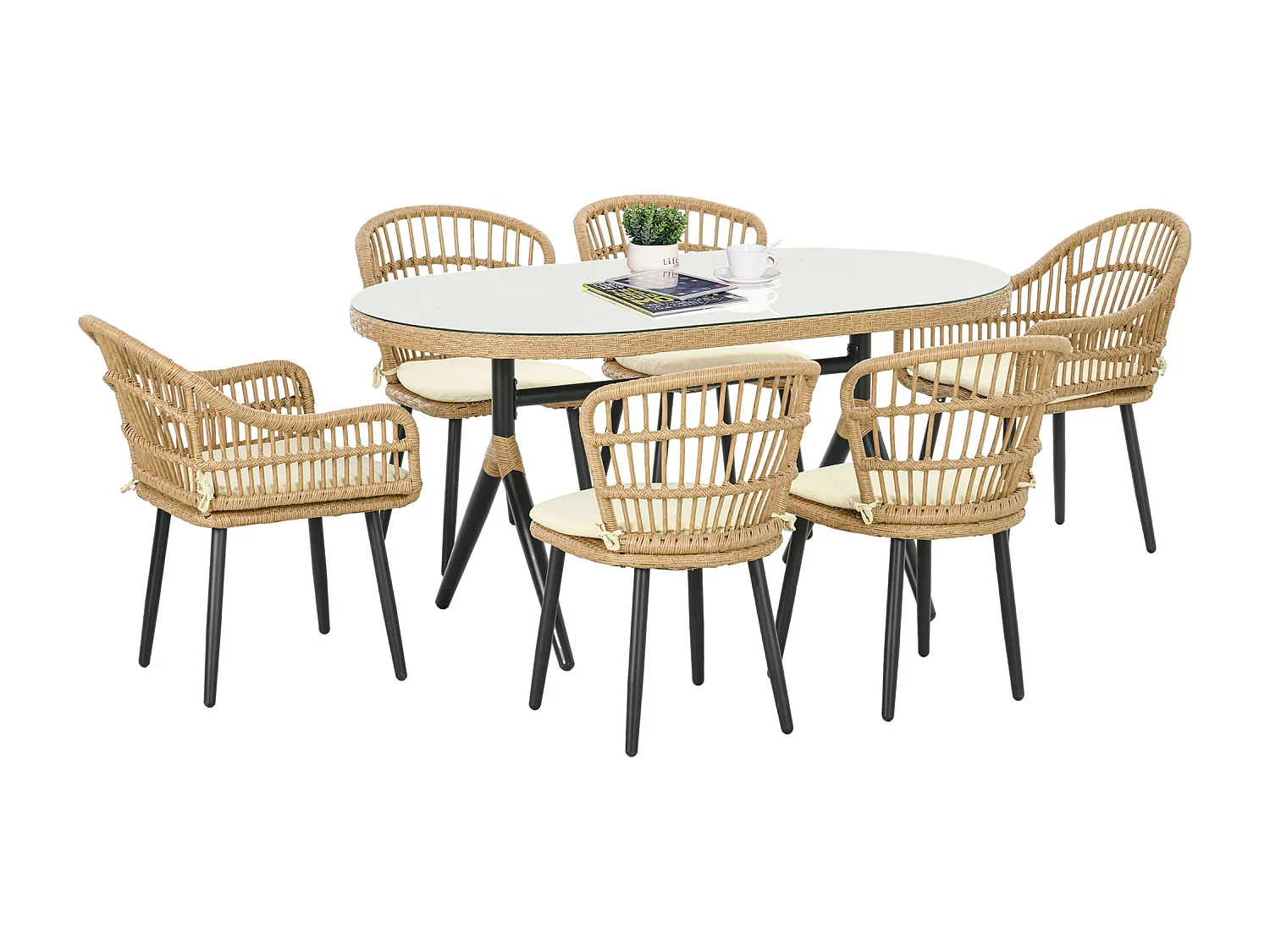 Salon de Jardin 6 places 7 pièces style bohème - 6 chaises, table à manger ovale - coussins inclus