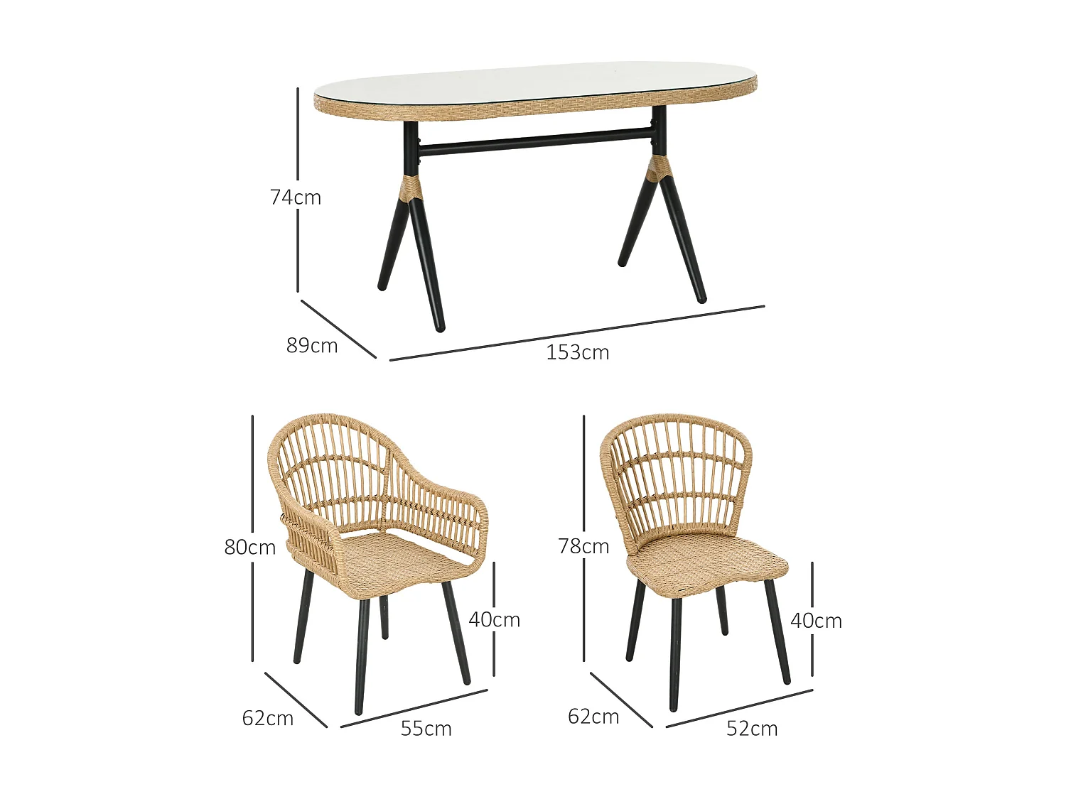 Salon de Jardin 6 places 7 pièces style bohème - 6 chaises, table à manger ovale - coussins inclus