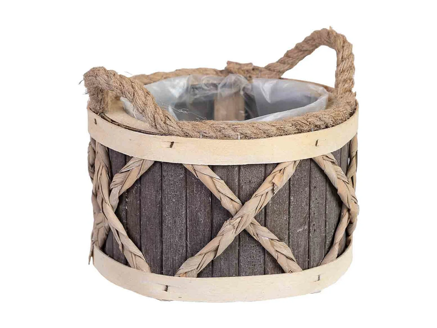 Cesto redondo de madera gris con asas 18x18x12h cm