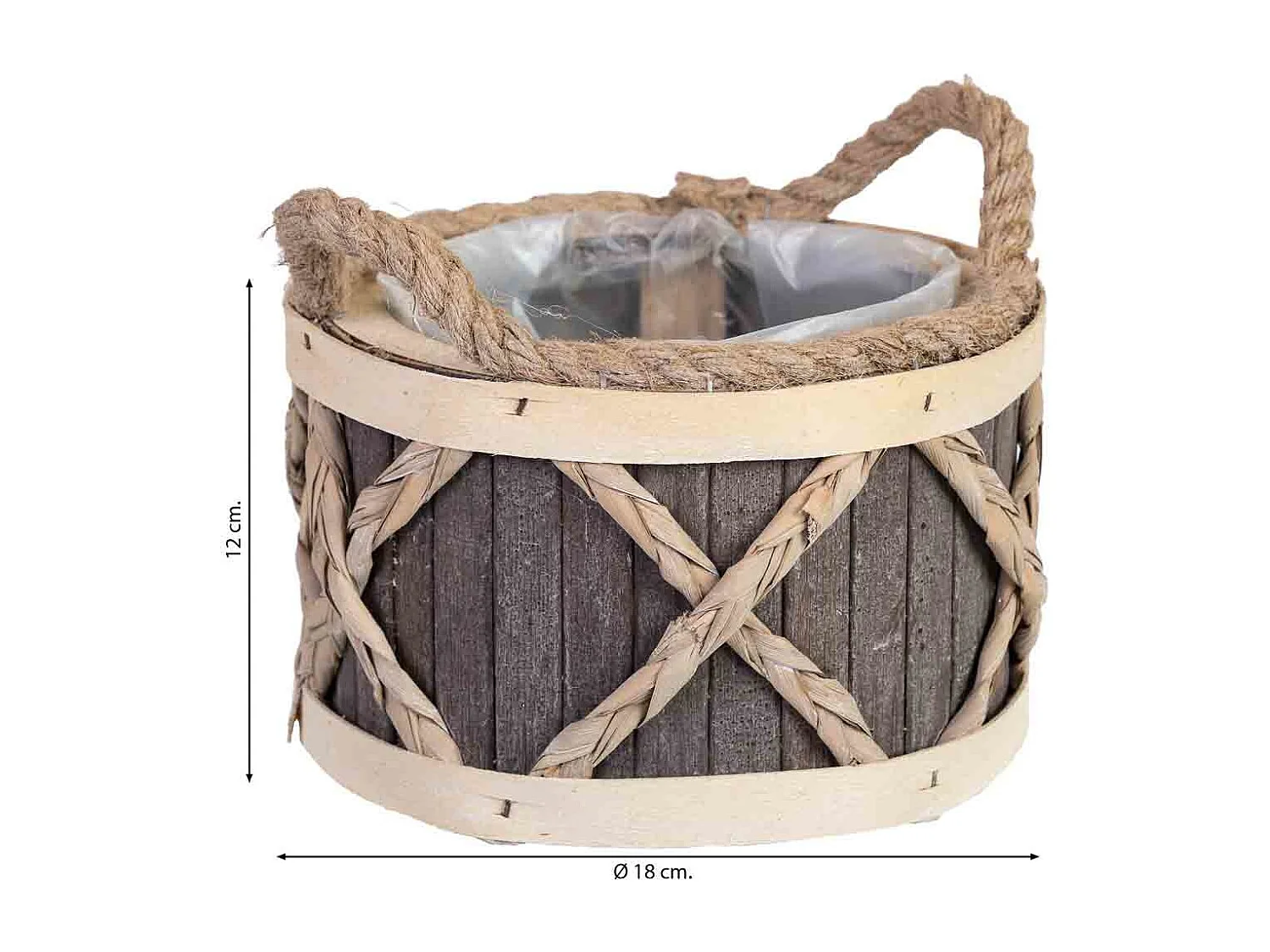 Panier rond en bois gris avec anses 18x18x12h cm