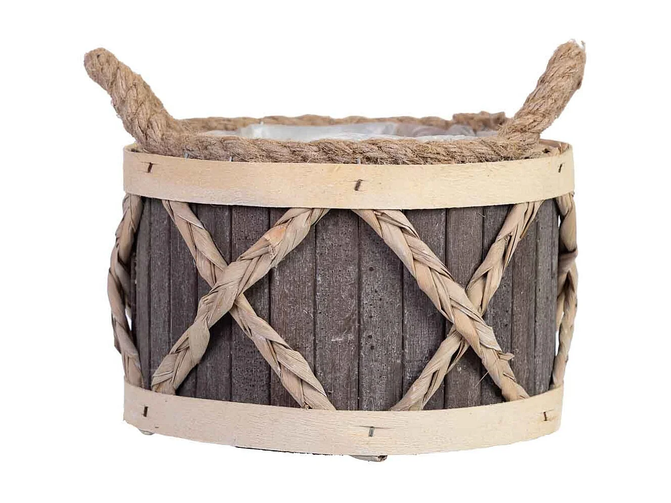 Runder grauer Holzkorb mit Griffen 18x18x12h cm