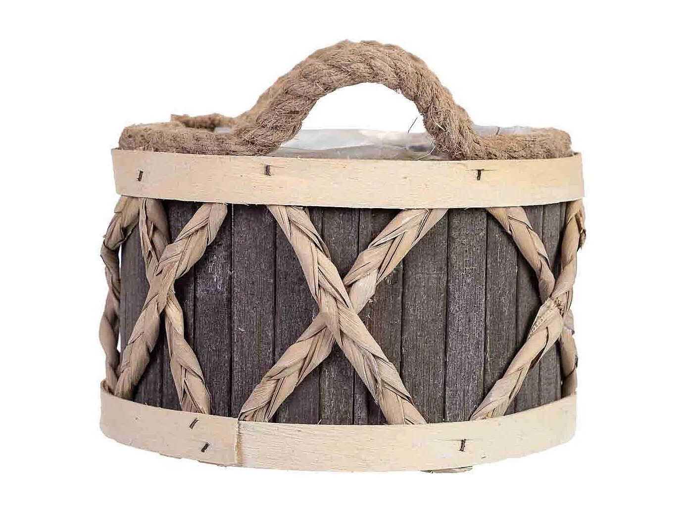 Runder grauer Holzkorb mit Griffen 18x18x12h cm