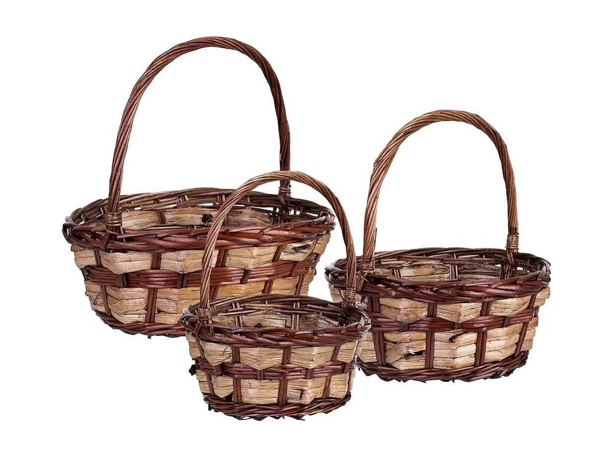 Lot de 3 paniers en osier marron 34x34x15h/37hh - 28x28x14h/32hh - 23x23x12h/28hh