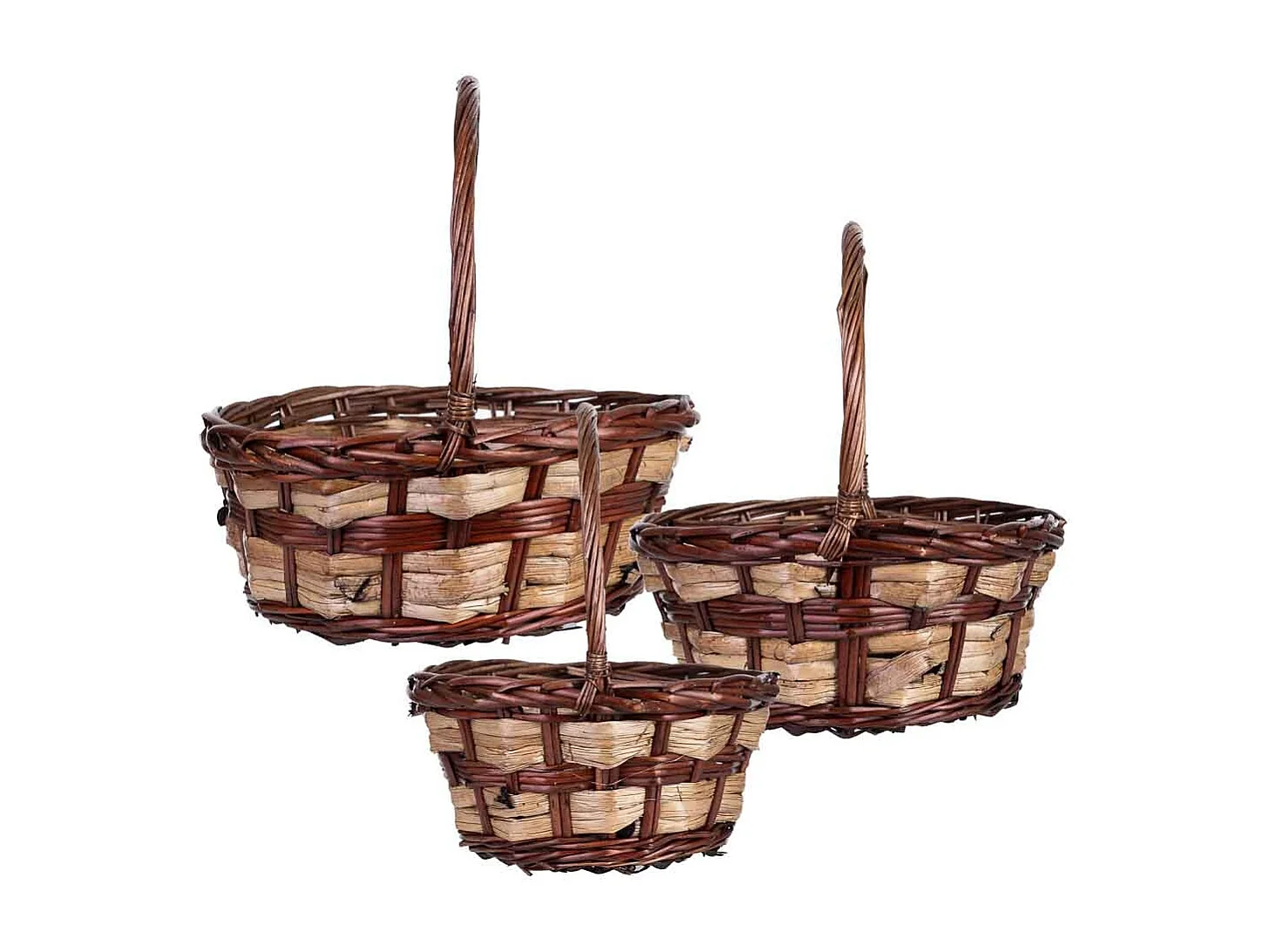 Lot de 3 paniers en osier marron 34x34x15h/37hh - 28x28x14h/32hh - 23x23x12h/28hh