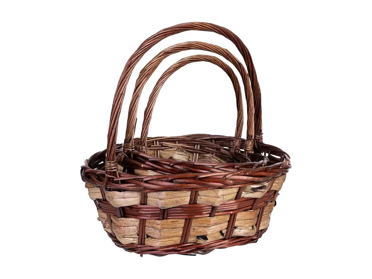 Lot de 3 paniers en osier marron 34x34x15h/37hh - 28x28x14h/32hh - 23x23x12h/28hh