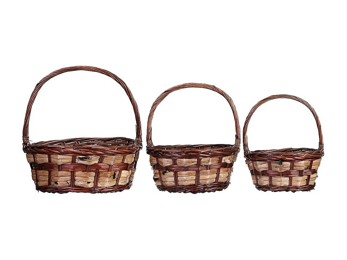 Conjunto de 3 cestos de vime castanho 34x34x15h/37hh - 28x28x14h/32hh - 23x23x12h/28hh