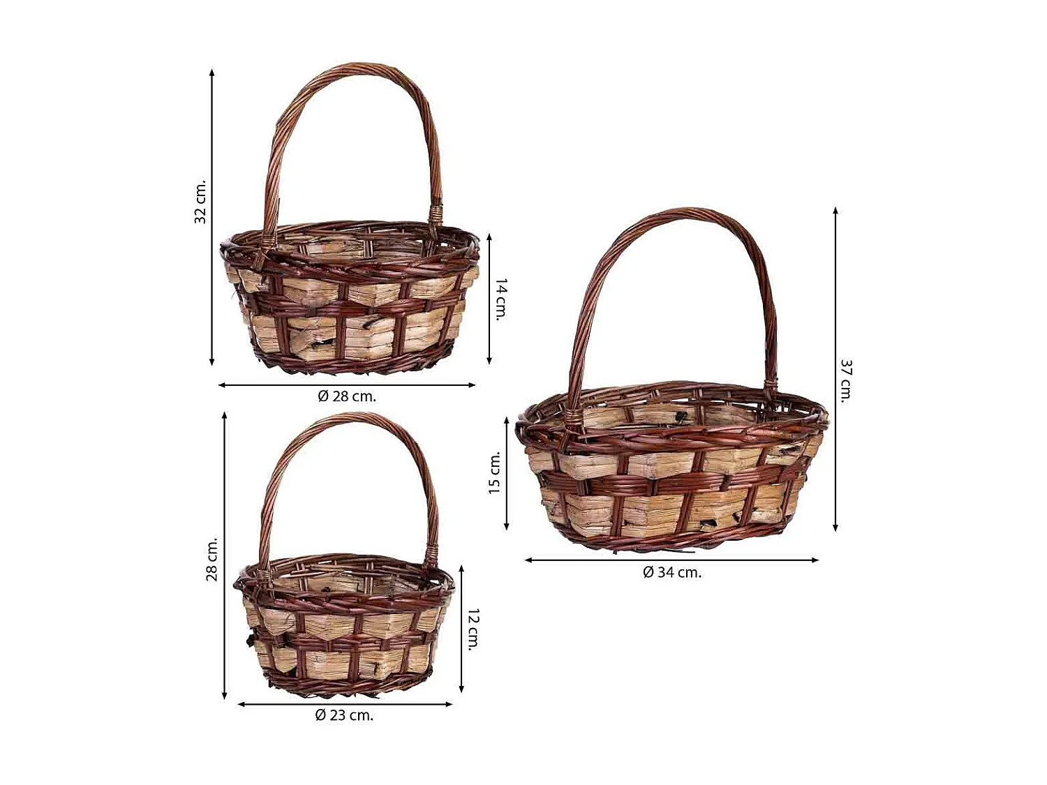 Conjunto de 3 cestos de vime castanho 34x34x15h/37hh - 28x28x14h/32hh - 23x23x12h/28hh