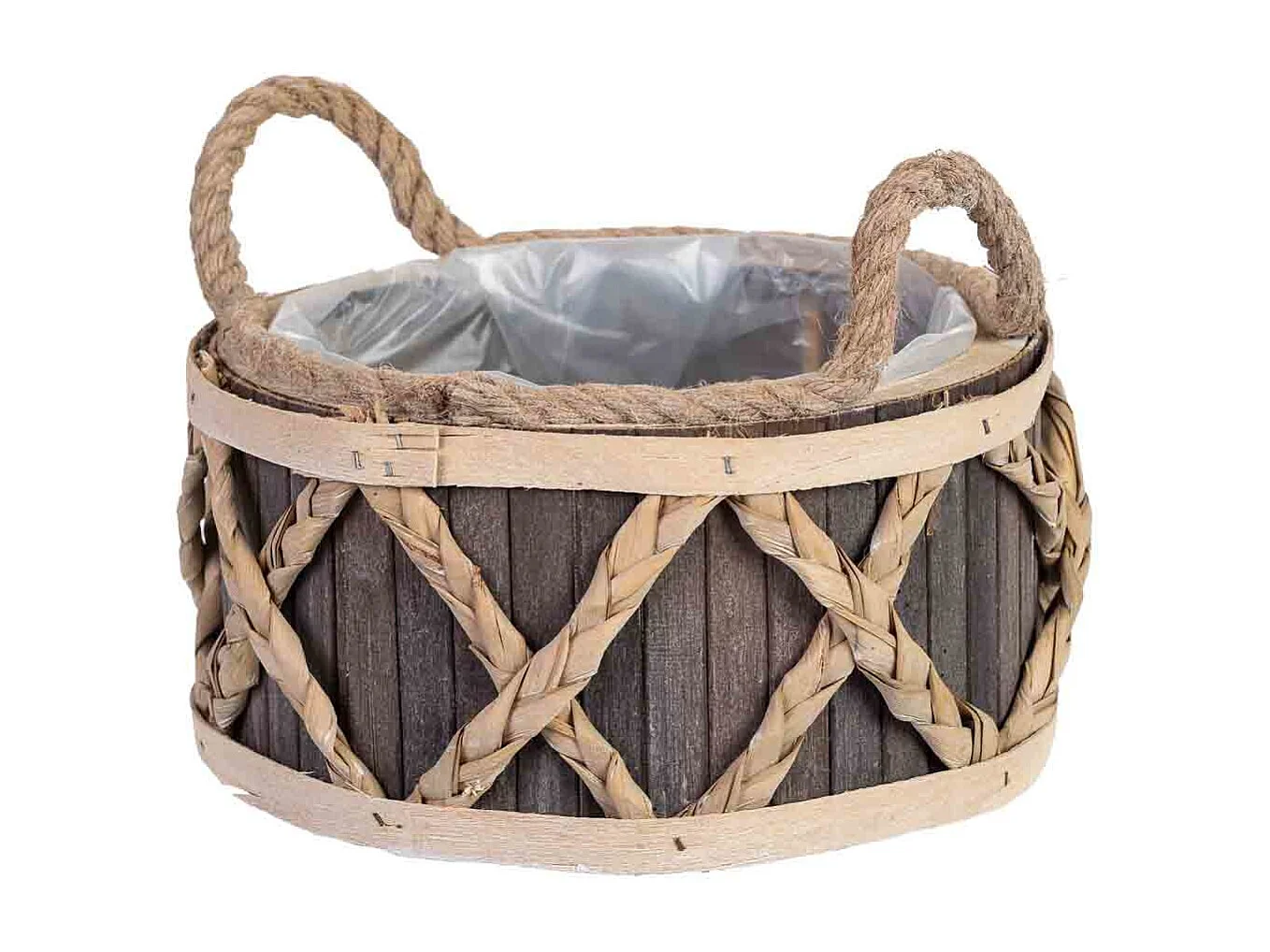 Cesto redondo de madera gris con asas 24x24x13h cm