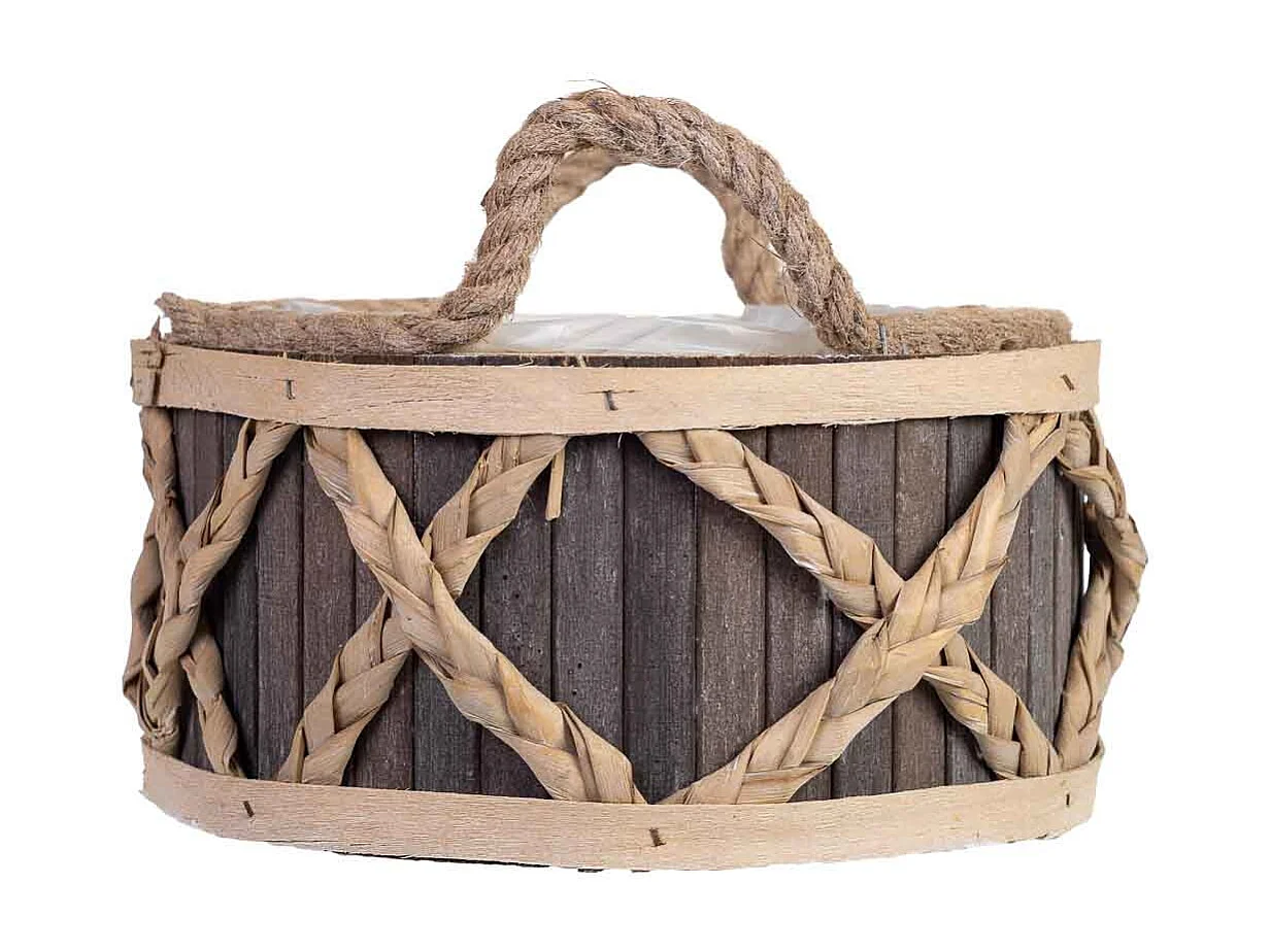 Cesto redondo de madera gris con asas 24x24x13h cm