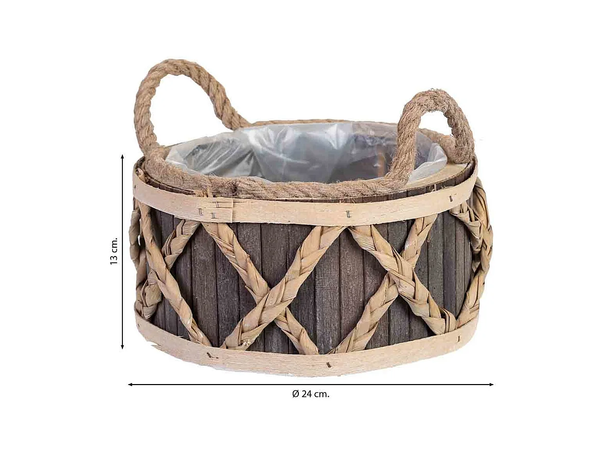 Panier rond en bois gris avec anses 24x24x13h cm