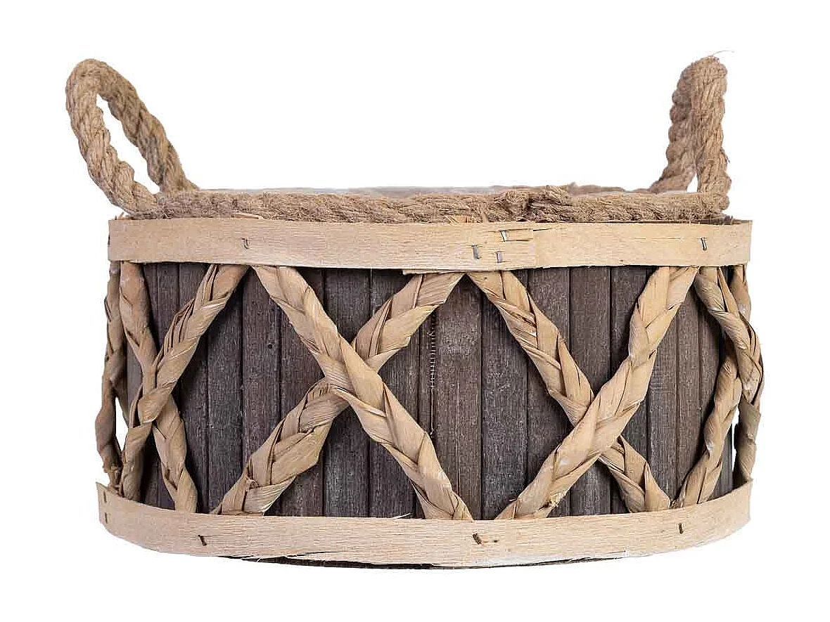 Cesto tondo in legno grigio con manici cm 24x24x13h