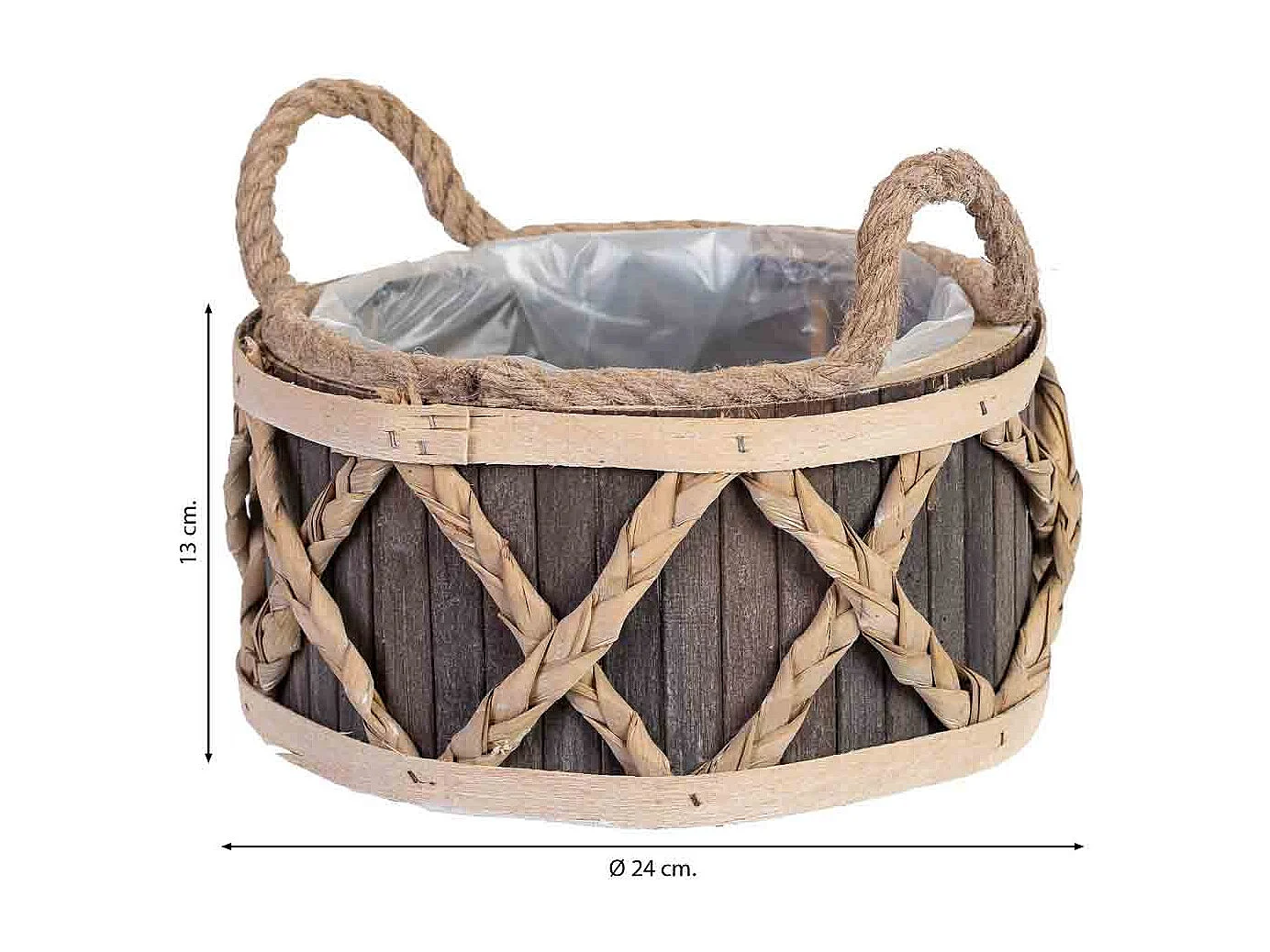 Cesto tondo in legno grigio con manici cm 24x24x13h