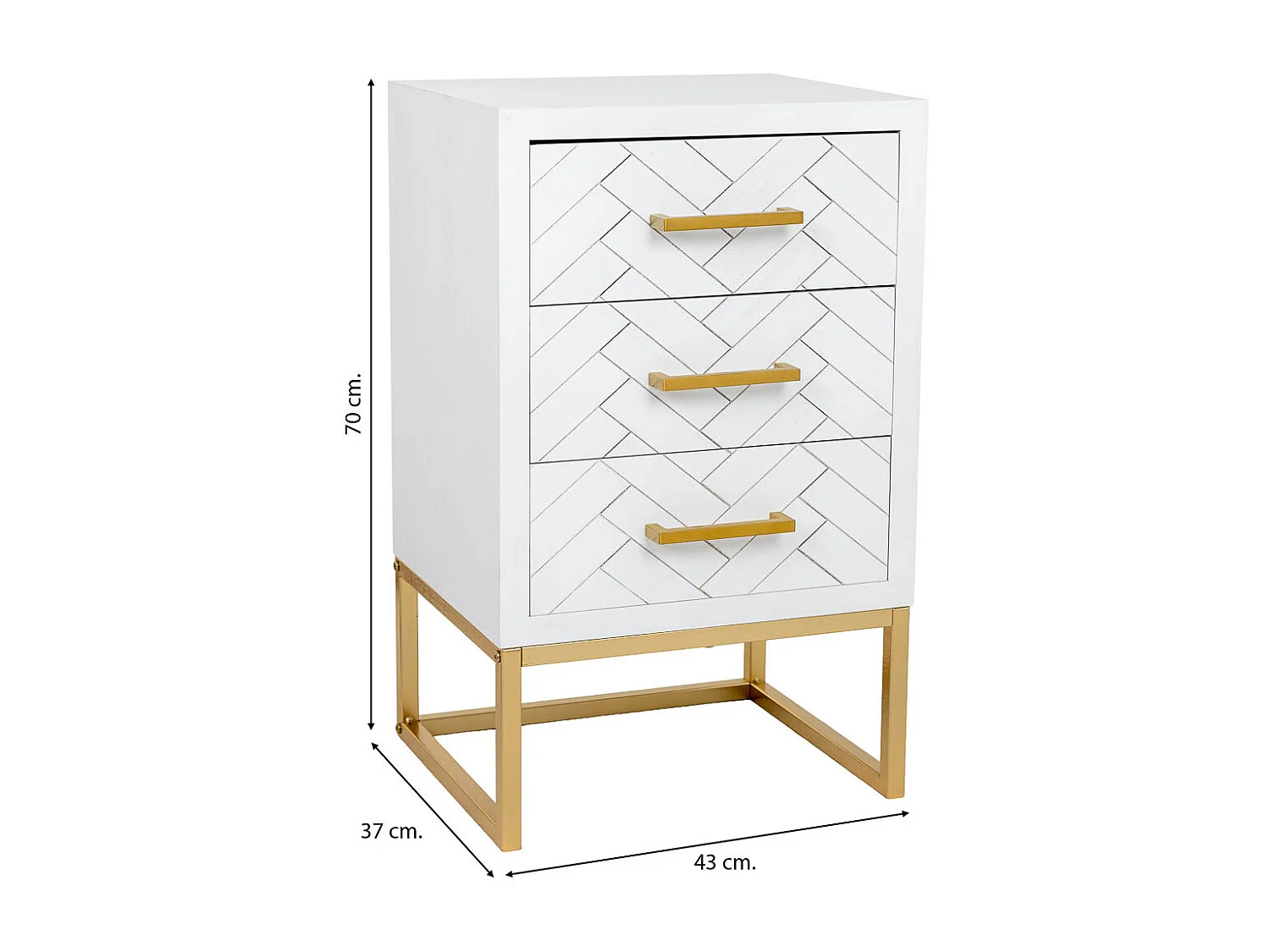 Mesa de cabeceira em madeira e metal com 3 gavetas 43x37x70h cm