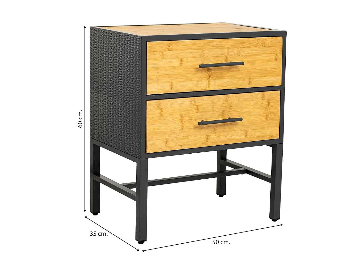 Table de chevet en métal et bois avec 2 tiroirs, noir 50x35x60h cm