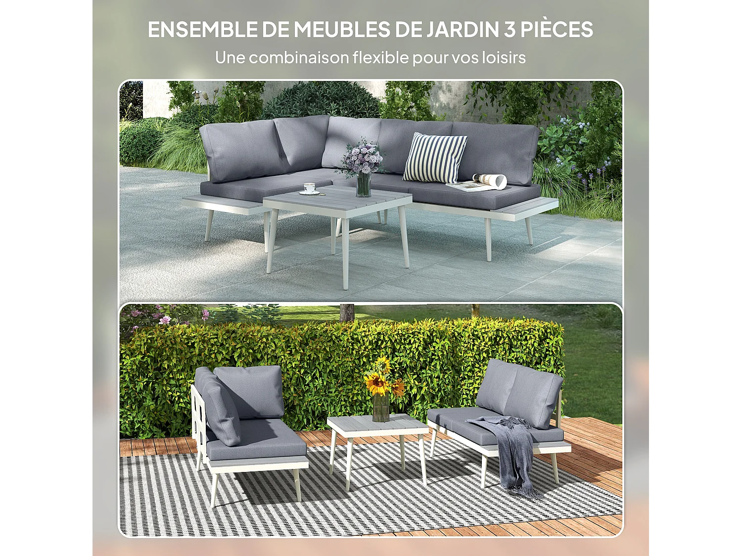 Ensemble salon de jardin modulable 4 personnes 3 pièces design métal crème coussins gris