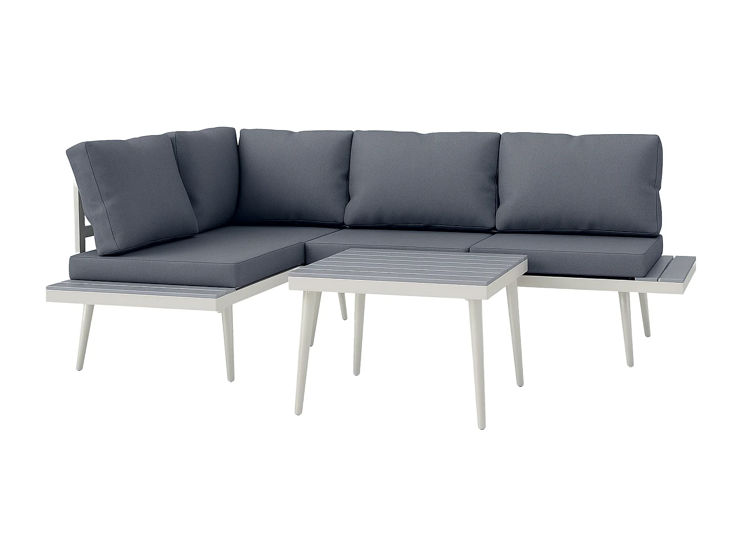 Ensemble salon de jardin modulable 4 personnes 3 pièces design métal crème coussins gris