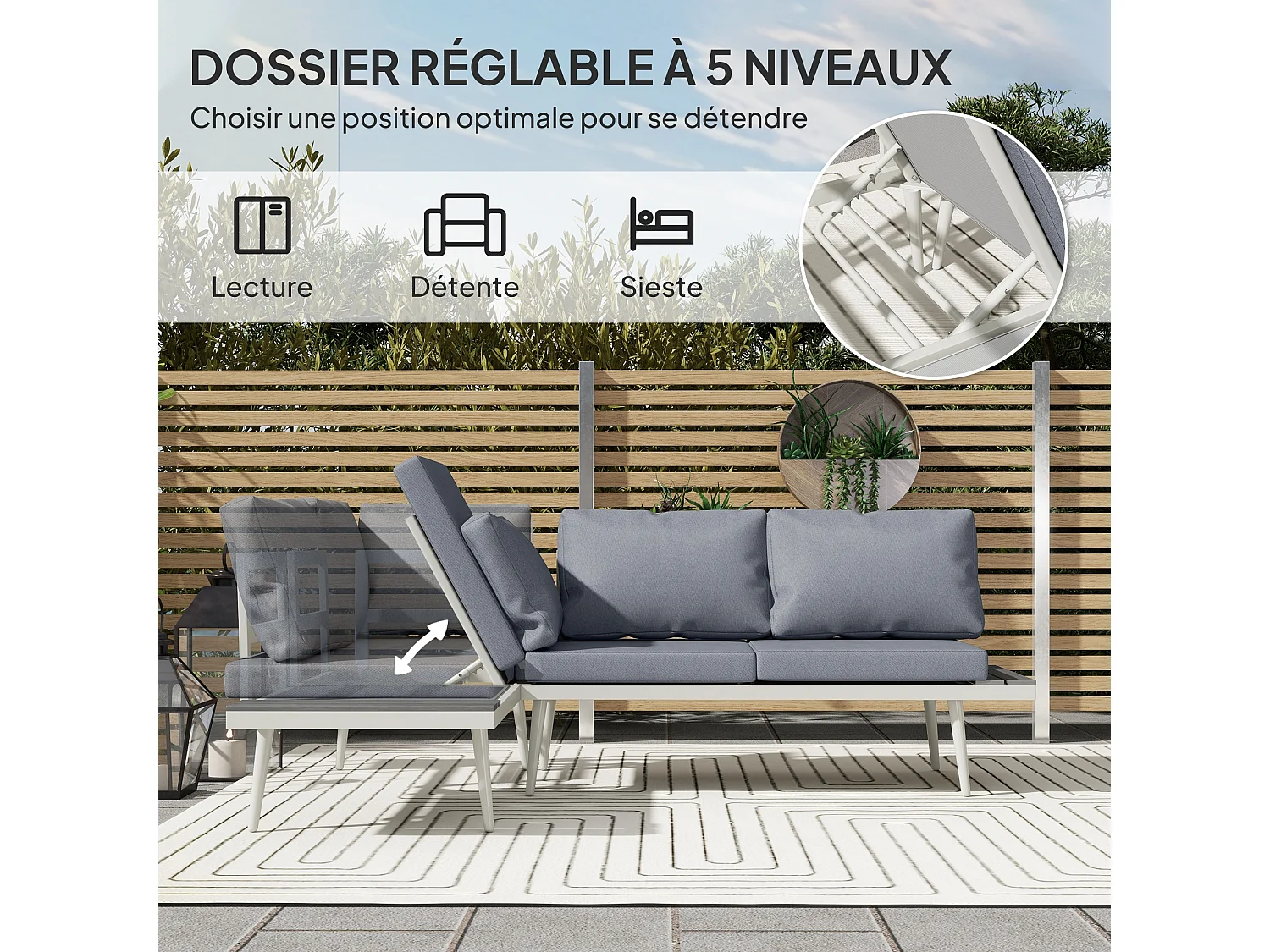 Ensemble salon de jardin modulable 4 personnes 3 pièces design métal crème coussins gris