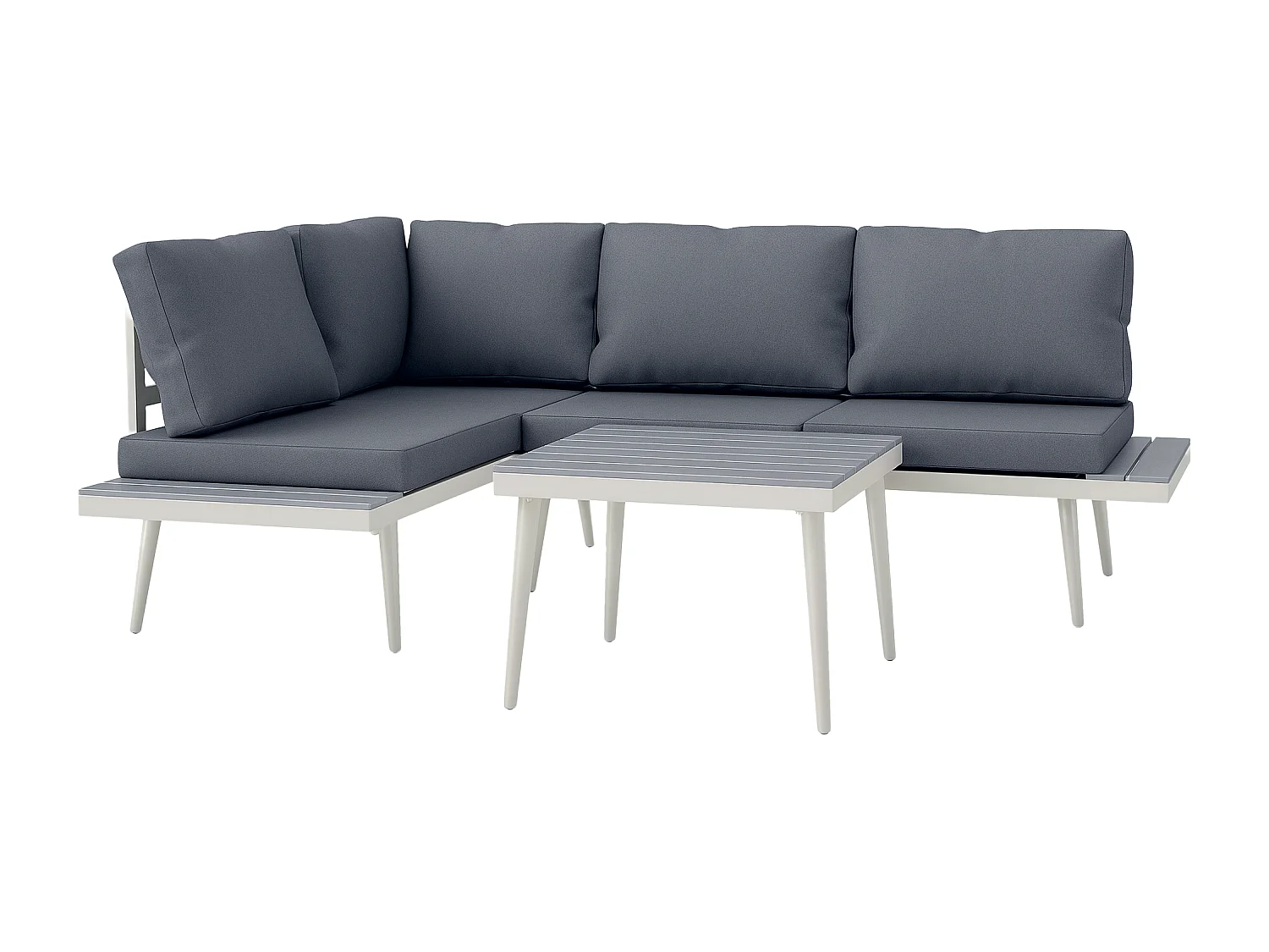 Ensemble salon de jardin modulable 4 personnes 3 pièces design métal crème coussins gris