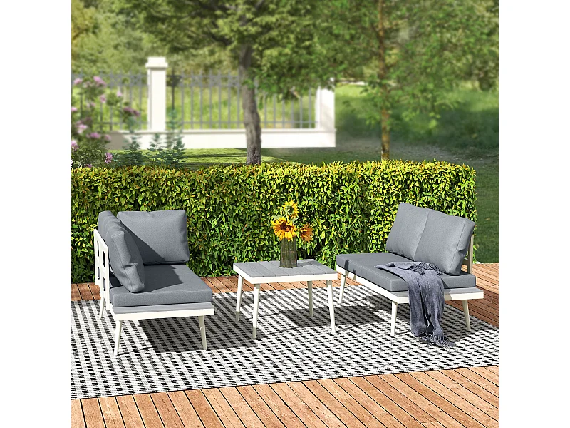 Ensemble salon de jardin modulable 4 personnes 3 pièces design métal crème coussins gris