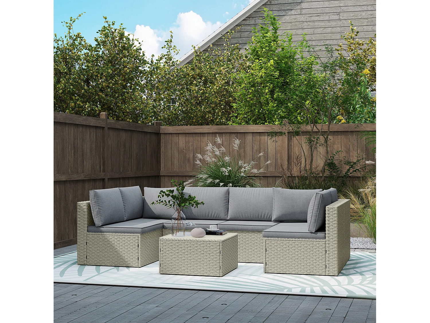 Ensemble salon de jardin modulable 6 personnes avec table basse résine tressée effet rotin gris