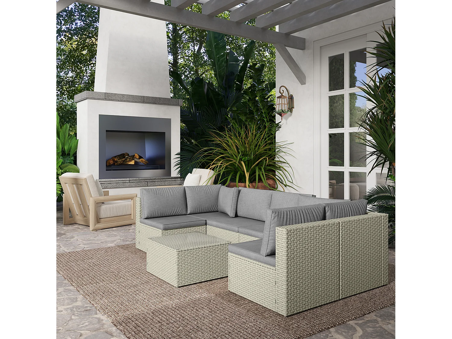 Ensemble salon de jardin modulable 6 personnes avec table basse résine tressée effet rotin gris