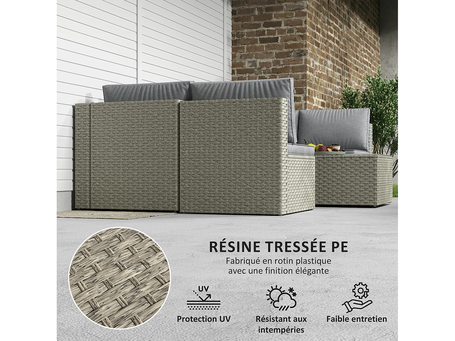 Ensemble salon de jardin modulable 6 personnes avec table basse résine tressée effet rotin gris