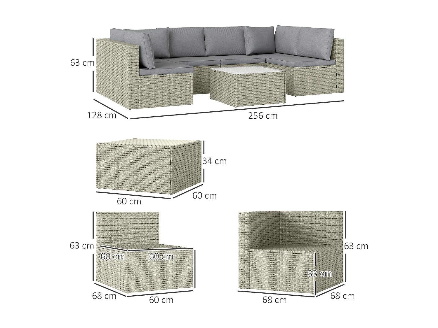 Ensemble salon de jardin modulable 6 personnes avec table basse résine tressée effet rotin gris