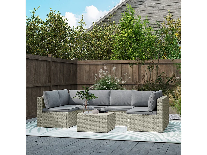 Ensemble salon de jardin modulable 6 personnes avec table basse résine tressée effet rotin gris