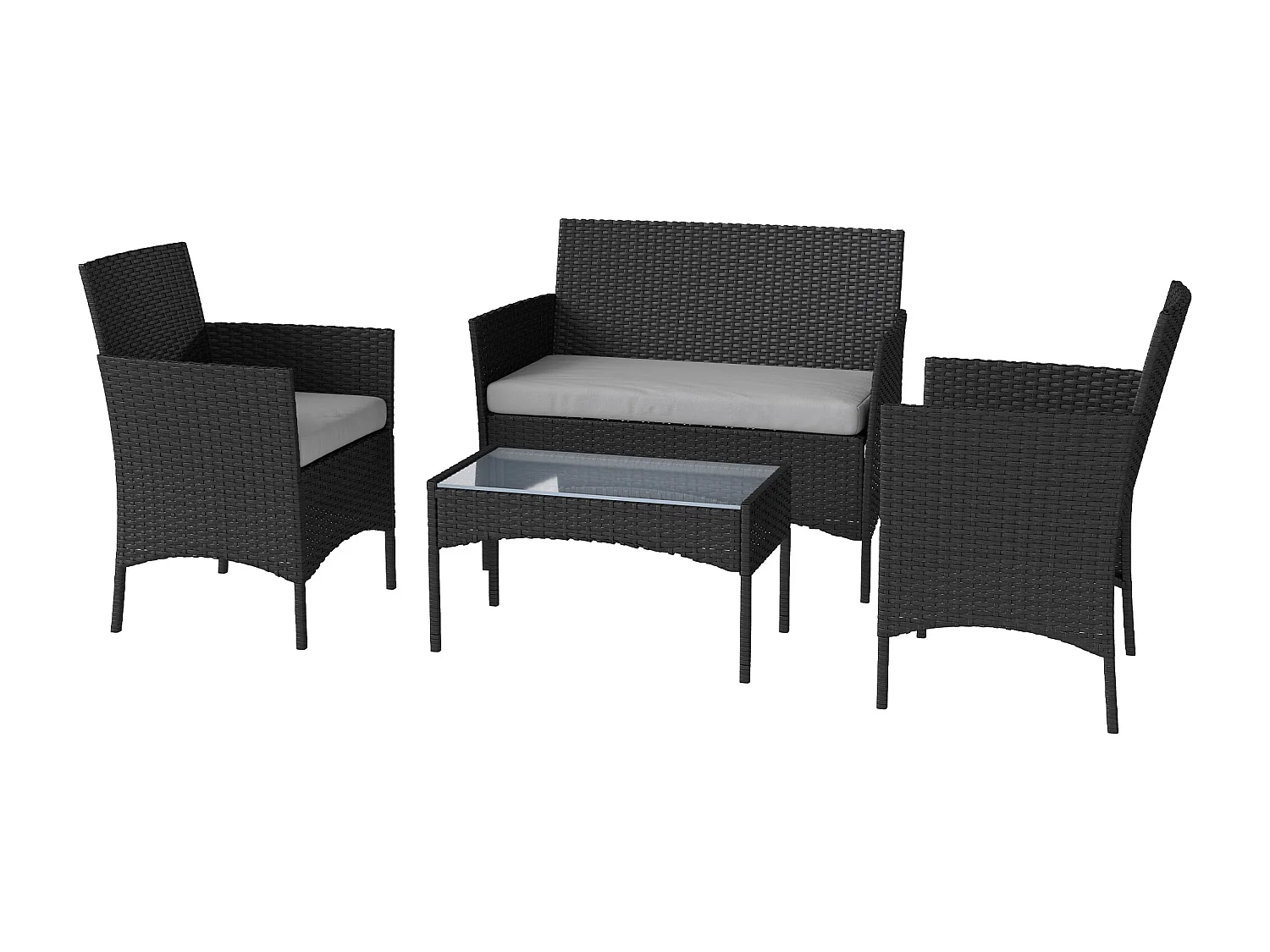 Ensemble salon de jardin 4 personnes 4 pièces résine tressée plateau verre trempé noir gris