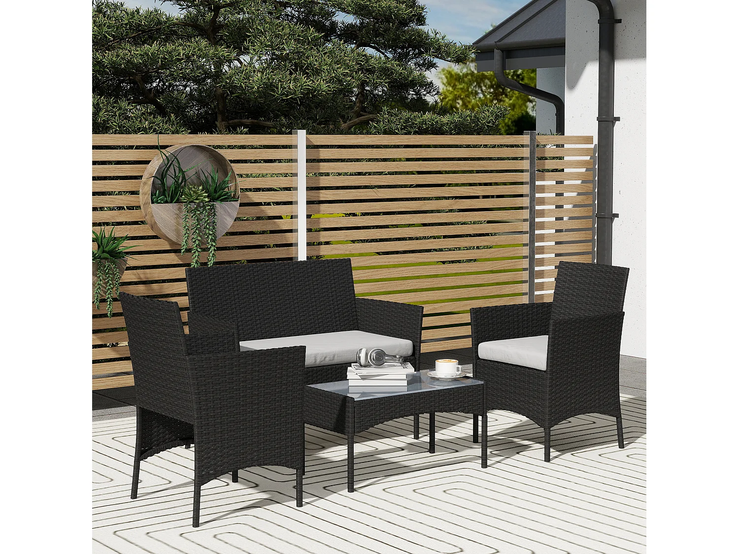 Ensemble salon de jardin 4 personnes 4 pièces résine tressée plateau verre trempé noir gris