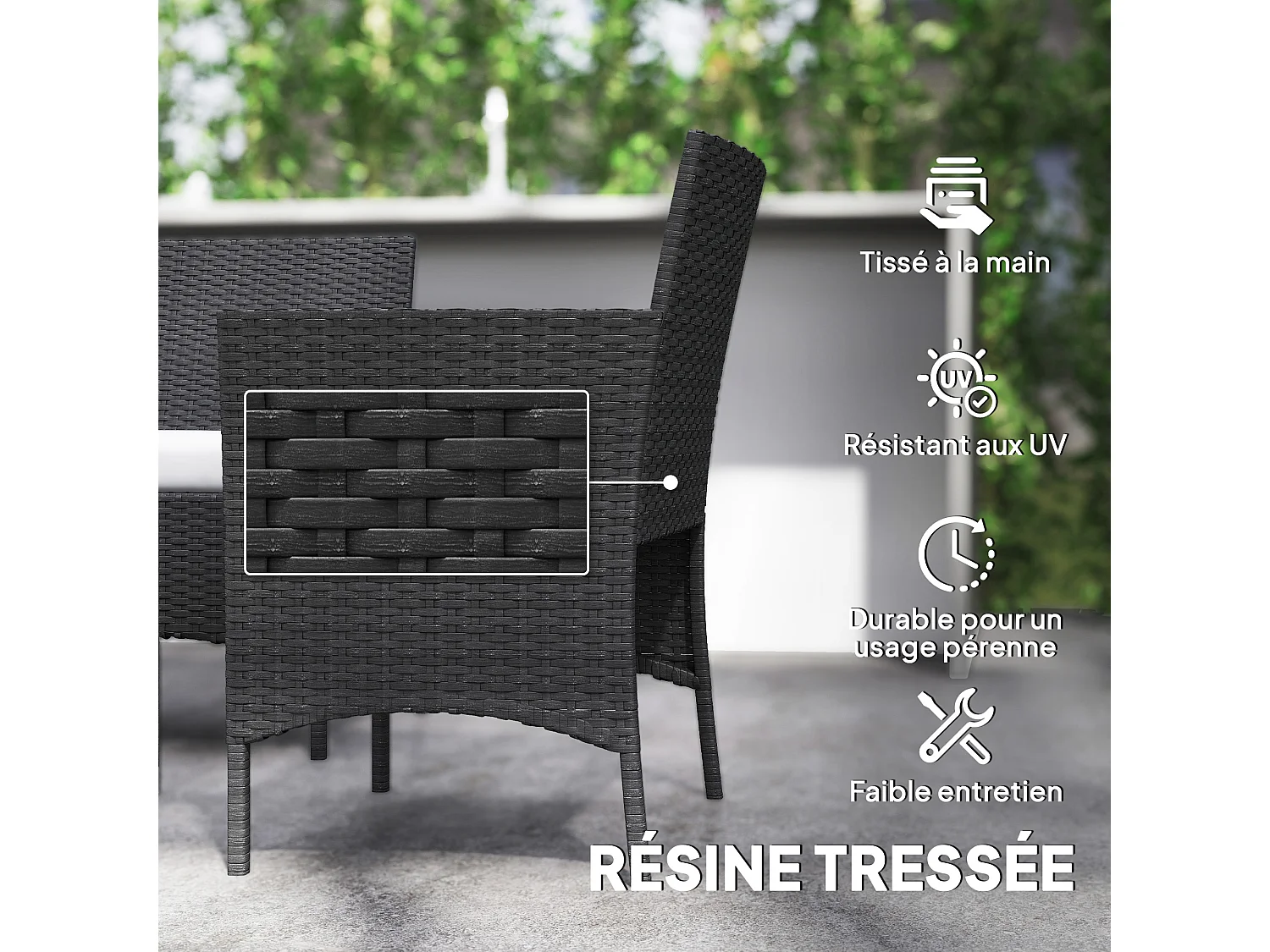 Ensemble salon de jardin 4 personnes 4 pièces résine tressée plateau verre trempé noir gris